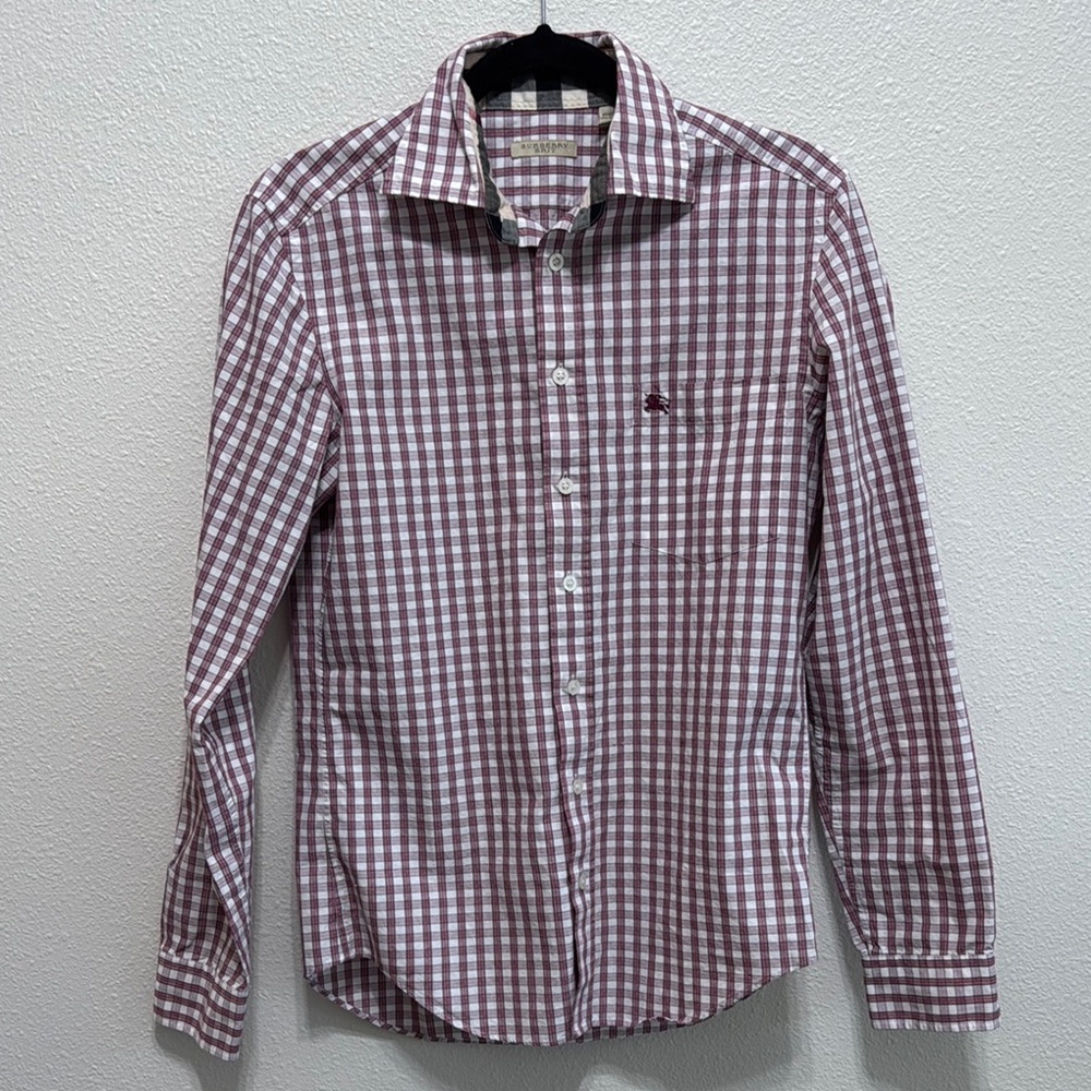 Burberry Men's Burgundy and White Checkered Shirt